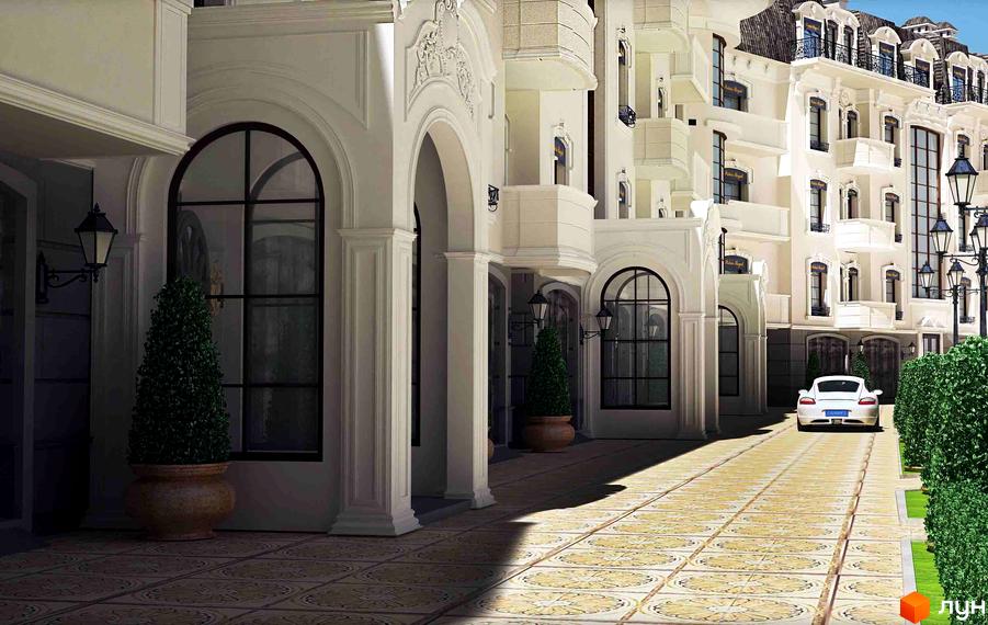 Житловий комплекс Palais Royal у Зеленому Мисі. Зовнішній вигляд будівлі у класичному стилі з арками та колонами, доглянута прибудинкова територія з газоном та плиткою.