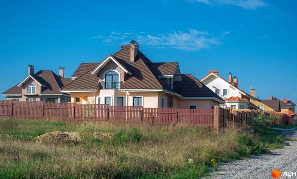 Котеджне містечко Лісова поляна. На зображенні видно будинки з коричневими дахами та парканом. Перед будинками розташована зелена трава та дорога.