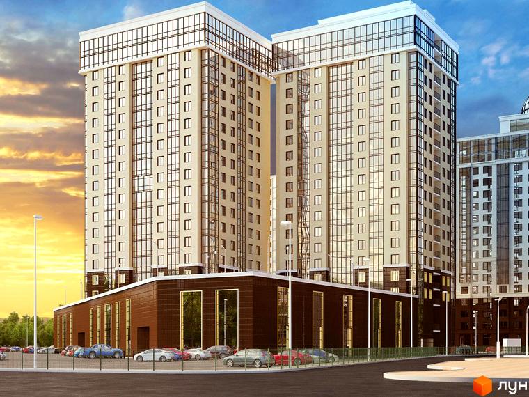 Зображення фасаду та прибудинкової території Житлового комплексу Сорокова перлина. Висотні будинки з великою кількістю вікон, парковка.