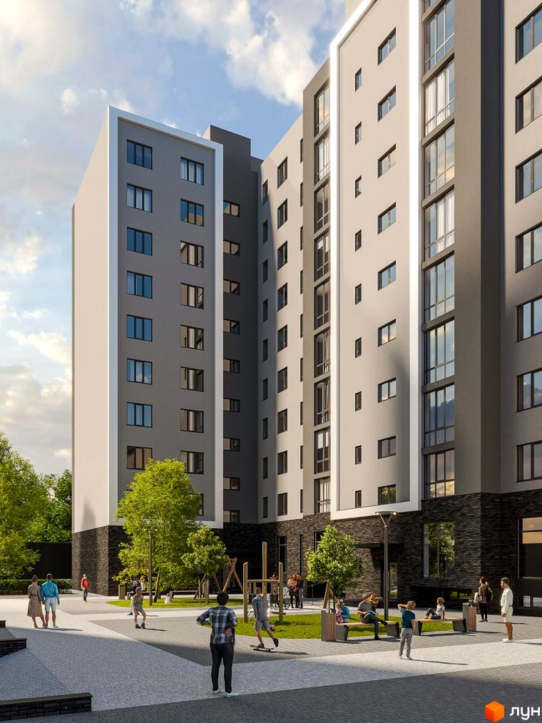 Житловий комплекс Комфорт Сіті: сучасна архітектура з великими вікнами та доглянутою прибудинковою територією з дитячим майданчиком та зонами відпочинку.