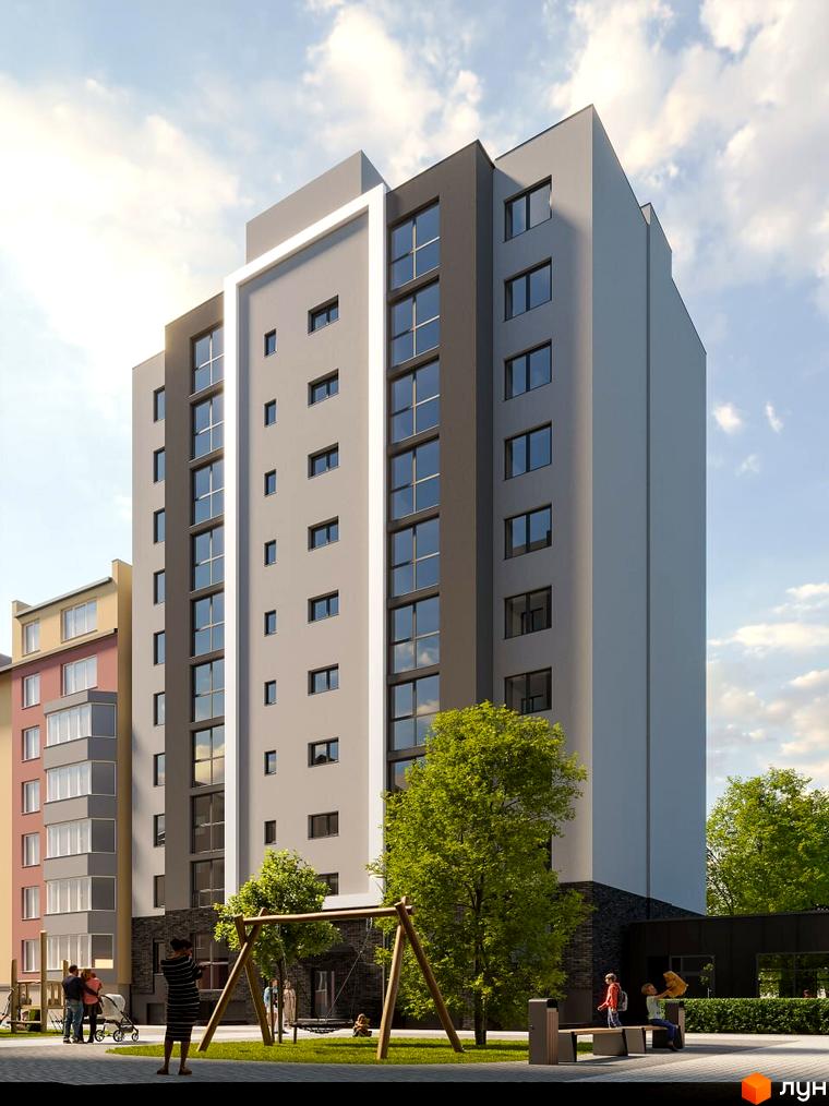 Зовнішній вигляд будинку ЖК Комфорт Сіті з сірими та білими фасадами, великими вікнами та прибудинковою територією з дитячим майданчиком та зеленими насадженнями.