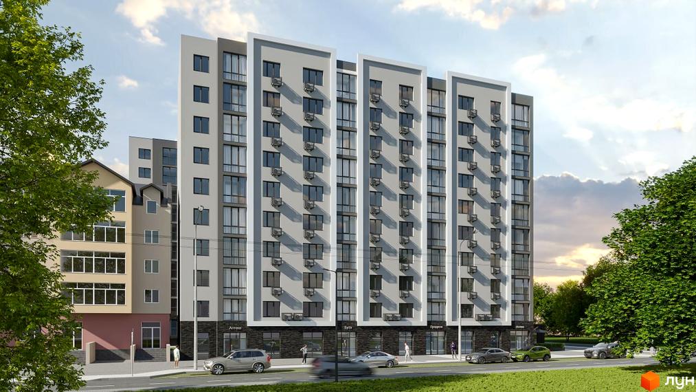 Житловий комплекс Комфорт Сіті – це багатоповерхова новобудова сірого кольору з великою кількістю вікон та кондиціонерами. Перед будинком розташована дорога з автомобілями та зелена зона.