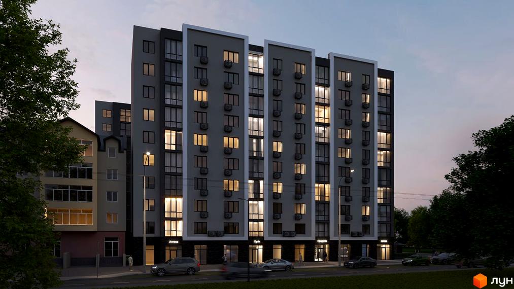 Сучасна новобудова Комфорт Сіті з великою кількістю вікон та кондиціонерів на фасаді. Перед будинком розташована дорога з автомобілями та зелені насадження.