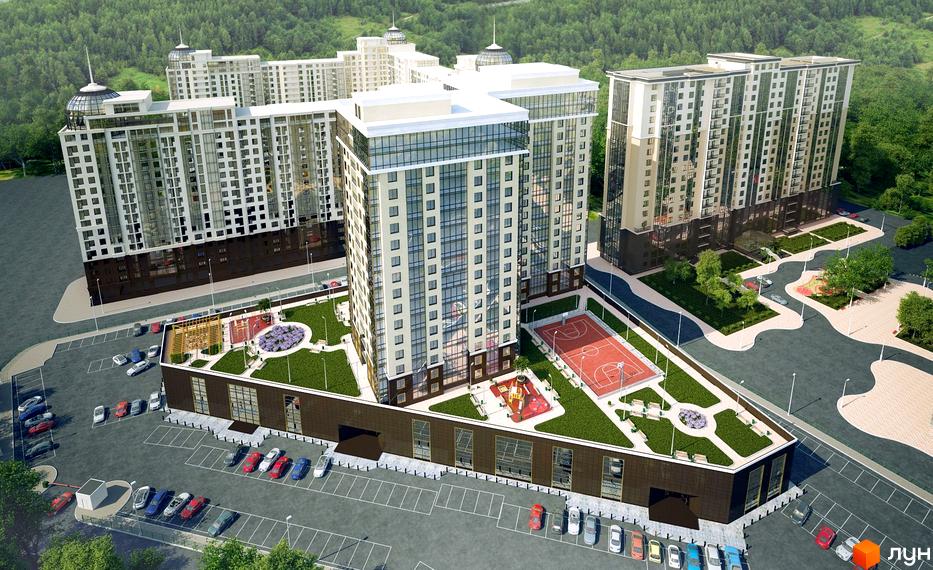 Зображення Житлового комплексу Сорокова перлина: висотні будинки з великою прибудинковою територією, де є дитячий майданчик та баскетбольне поле. Вигляд зверху.