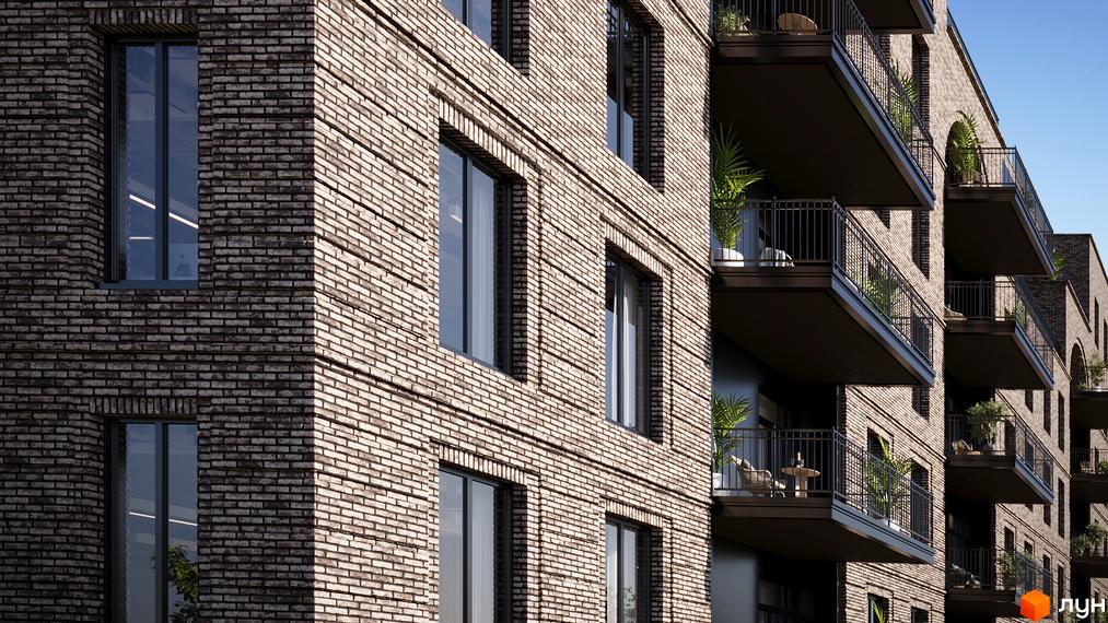 Будинок клубного типу LOFT EGOIST з цегляним фасадом та балконами. Зовнішній вигляд новобудови з вікнами та зеленню на балконах.