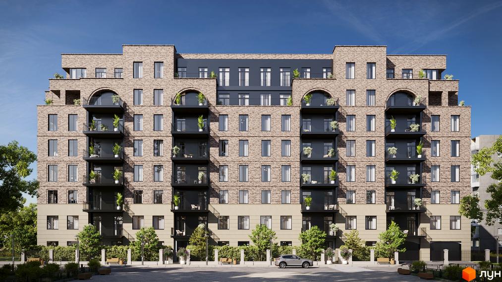 Клубний будинок LOFT EGOIST: цегляний фасад, скляні балкони з рослинами, архітектурні елементи у вигляді арок. Прибудинкова територія з деревами та лавками.