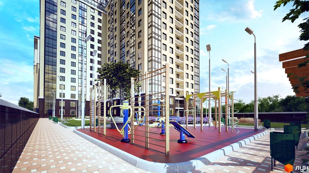 Висотна будівля ЖК Сорокова перлина з великими вікнами. На території комплексу облаштовано дитячий майданчик та зони відпочинку.
