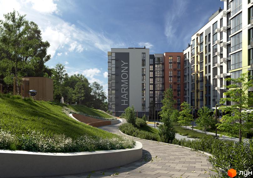 Житловий комплекс HARMONY for life з фасадами різних кольорів та прибудинковою територією з ландшафтним дизайном та зоною відпочинку.