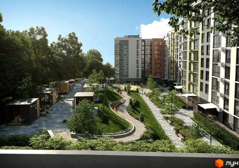 Багатоповерхові будинки Житлового комплексу HARMONY for life з різнокольоровими фасадами та облаштованою прибудинковою територією з доріжками, зеленими насадженнями та альтанками.