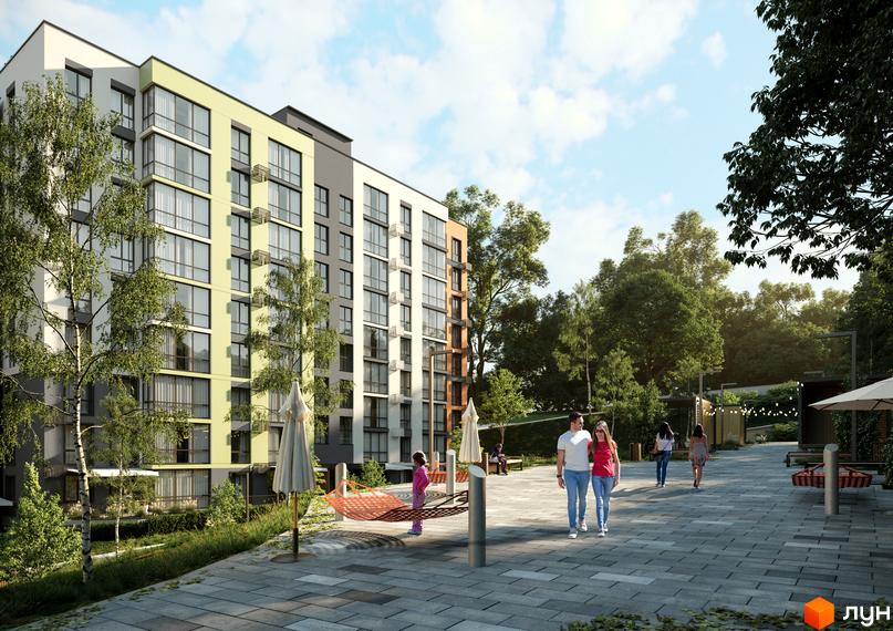 Житловий комплекс HARMONY for life: багатоповерховий будинок з яскравими фасадами та зеленою прибудинковою територією з зонами відпочинку.