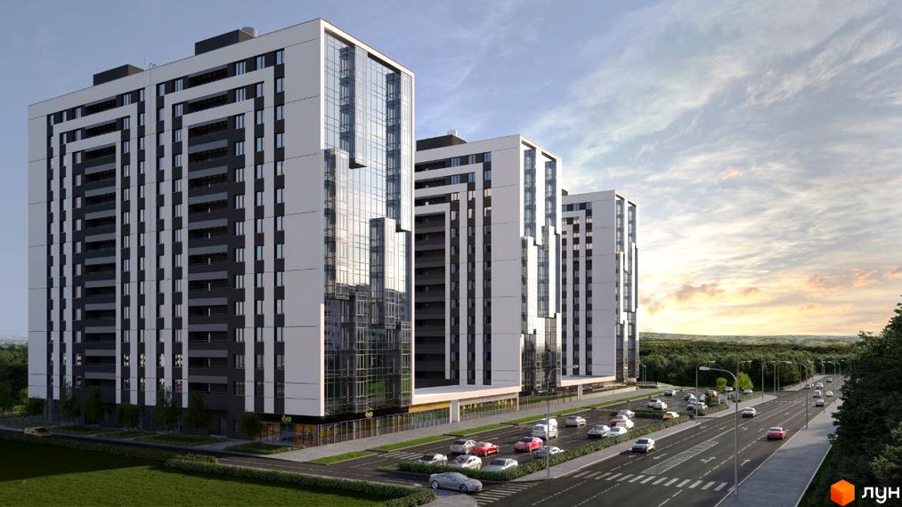 Житловий комплекс Prestige Residence - це сучасна новобудова з біло-сірими фасадами та скляними елементами, розташована вздовж дороги з автомобілями та зеленою зоною.