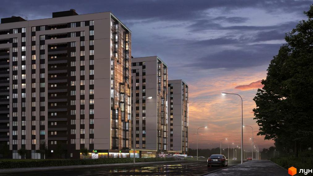 Житловий комплекс Prestige Residence з фасадами темного та світлого кольору, вікнами та балконами. Навколо новобудови розташовані вулиці з ліхтарями та деревами.