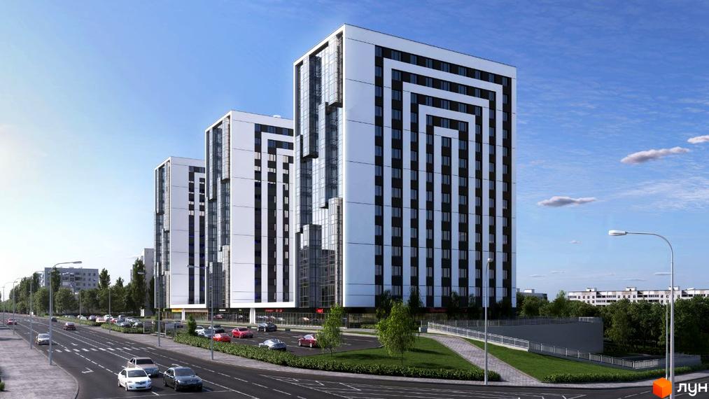 Житловий комплекс Prestige Residence з білими фасадами та скляними елементами, розташований біля дороги з автомобілями та зеленими насадженнями.