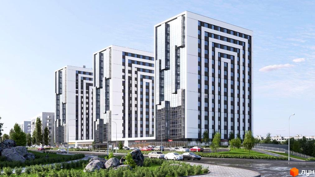 Зовнішній вигляд новобудови Prestige Residence з білими фасадами та скляними елементами, що доповнюється доглянутою прибудинковою територією з зеленими насадженнями та місцями для паркування.