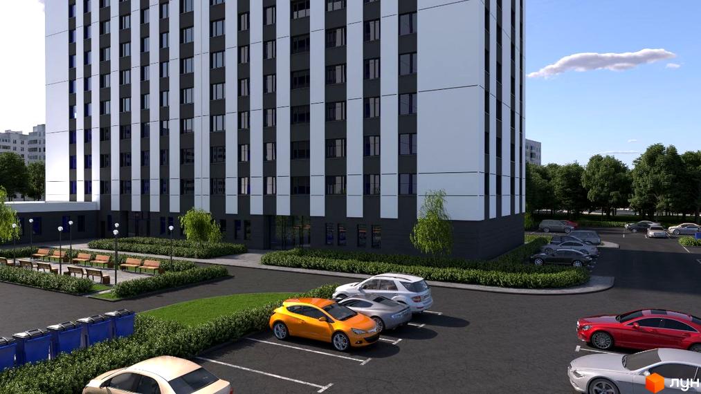 Житловий комплекс Prestige Residence: висотна будівля з чорно-білим фасадом та прибудинкова територія з парковкою та зонами відпочинку.