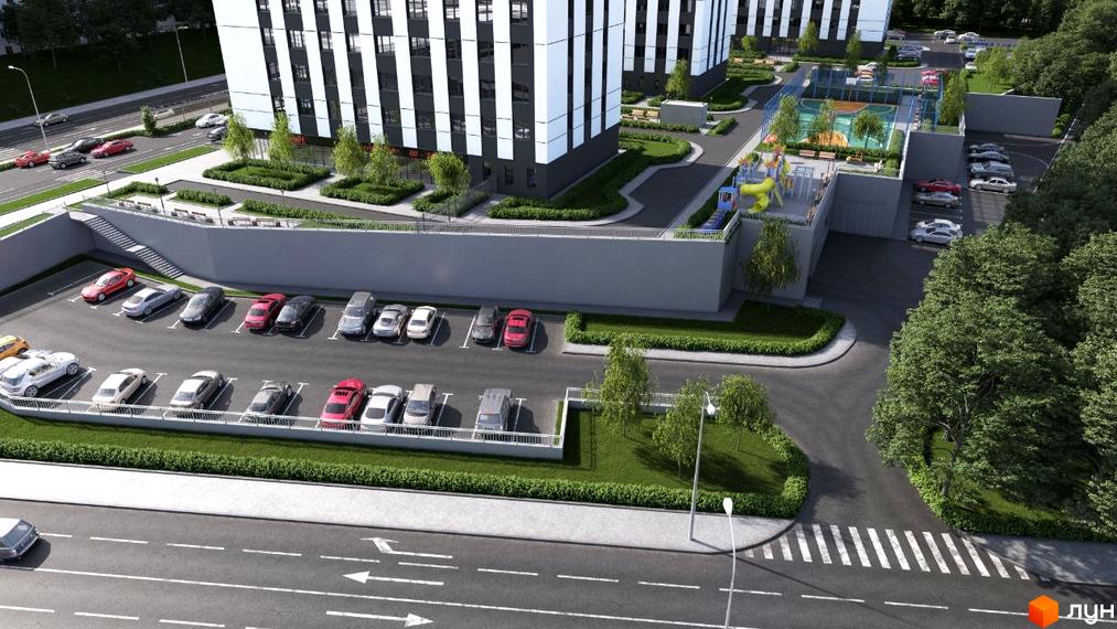 Зовнішній вигляд новобудови ЖК Prestige Residence з паркінгом та дитячим майданчиком. Територія комплексу з зеленими насадженнями та місцями для відпочинку.