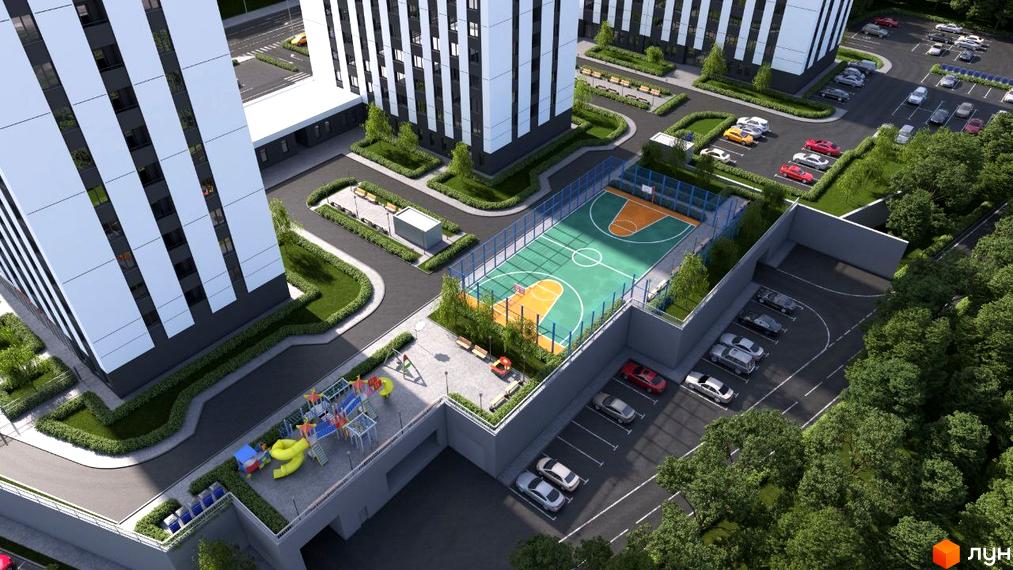 Житловий комплекс Prestige Residence з баскетбольним майданчиком та дитячою зоною. Навколо комплексу зелена зона та парковка з автомобілями.