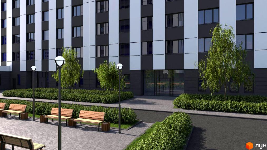 Фасад житлового комплексу Prestige Residence з лаконічним дизайном та прибудинковою територією з лавками та зеленими насадженнями.