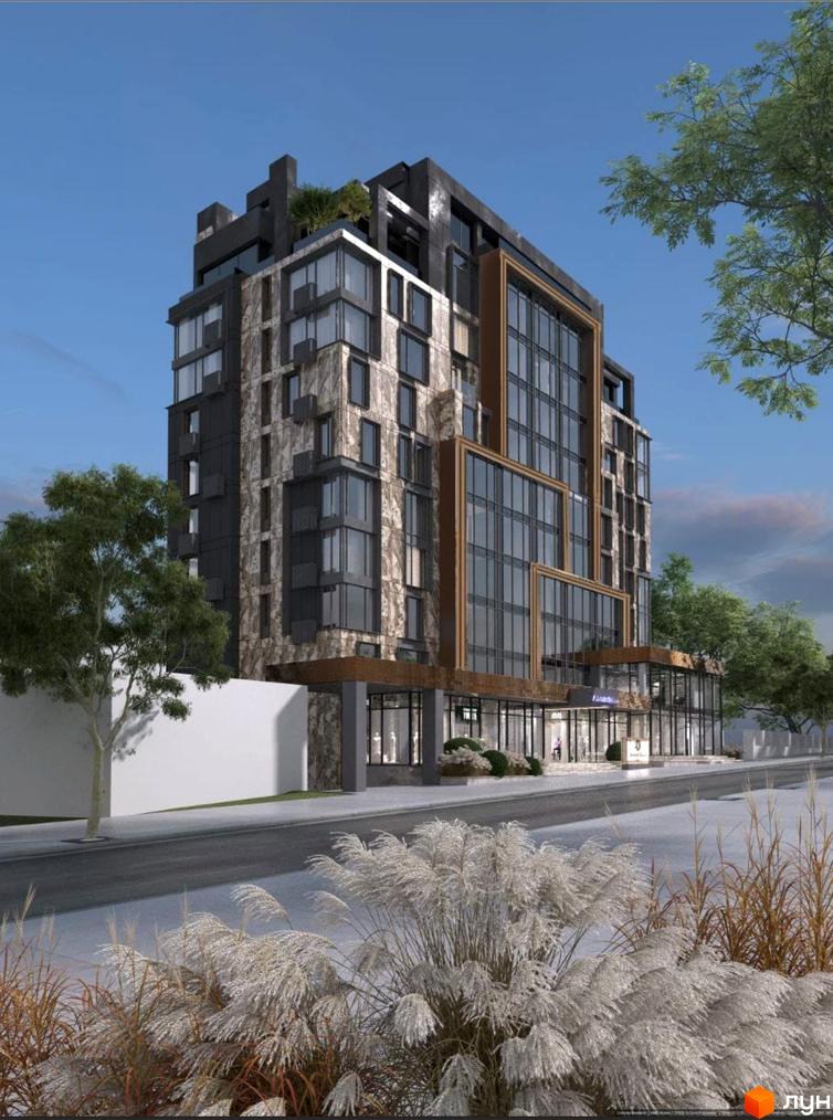 Зображення фасаду та прибудинкової території Житлового комплексу Park Tower. Багатоповерхова будівля з великими вікнами.