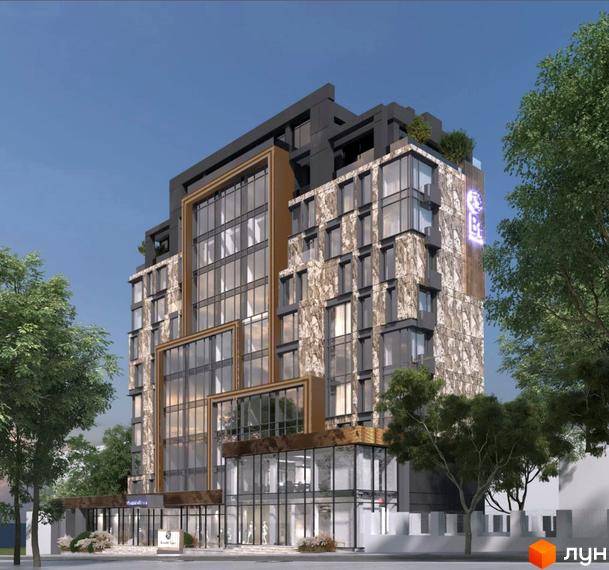 Зображення фасаду Житлового комплексу Park Tower з великими вікнами та оздобленням під камінь. Навколо будівлі ростуть дерева.