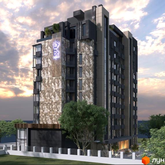 Висотна будівля ЖК Park Tower з фасадом у світлих тонах та великими вікнами. Територія перед будівлею огороджена білим парканом, є зелені насадження.