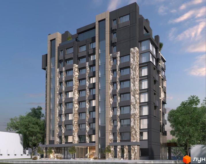 Висотна будівля ЖК Park Tower з великими вікнами та оздобленням фасаду. На прибудинковій території є дерева та зелені насадження.