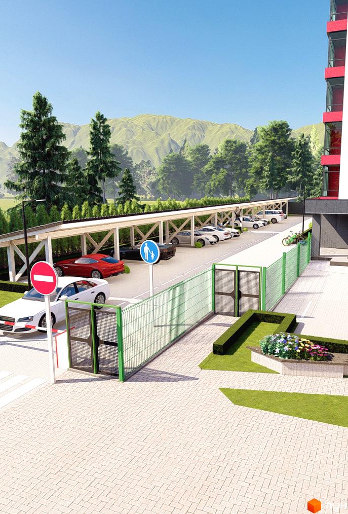 Зображення сторінки житлового комплексу з парковкою та автомобілями. На території є зелені насадження, газон, квіти, огорожа та дорожні знаки.