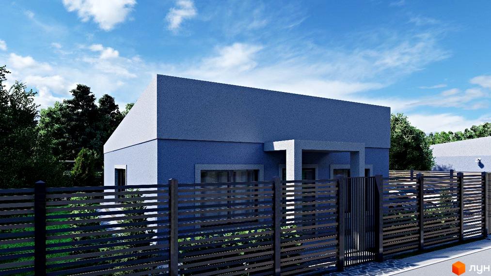 Зображення будинку в Містечко котеджів Smart Forest. Сірий будинок з плоским дахом, парканом та зеленню.