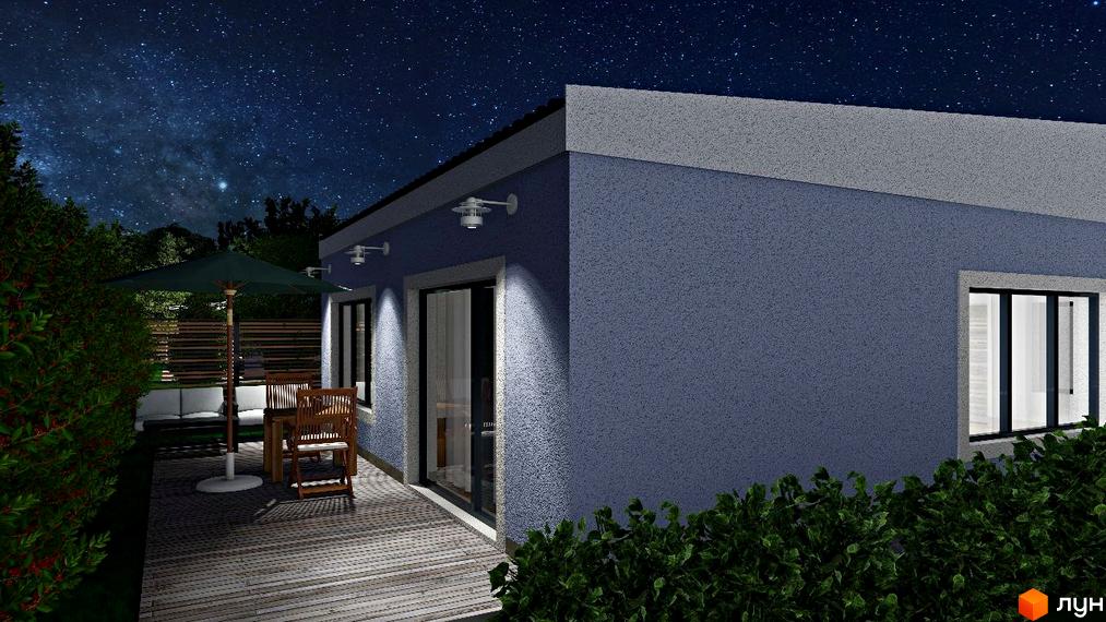 Зображення будинку в Містечко котеджів Smart Forest. На терасі стоять столи та стільці, над ними парасолька. Навкруги зелені насадження та нічне небо.
