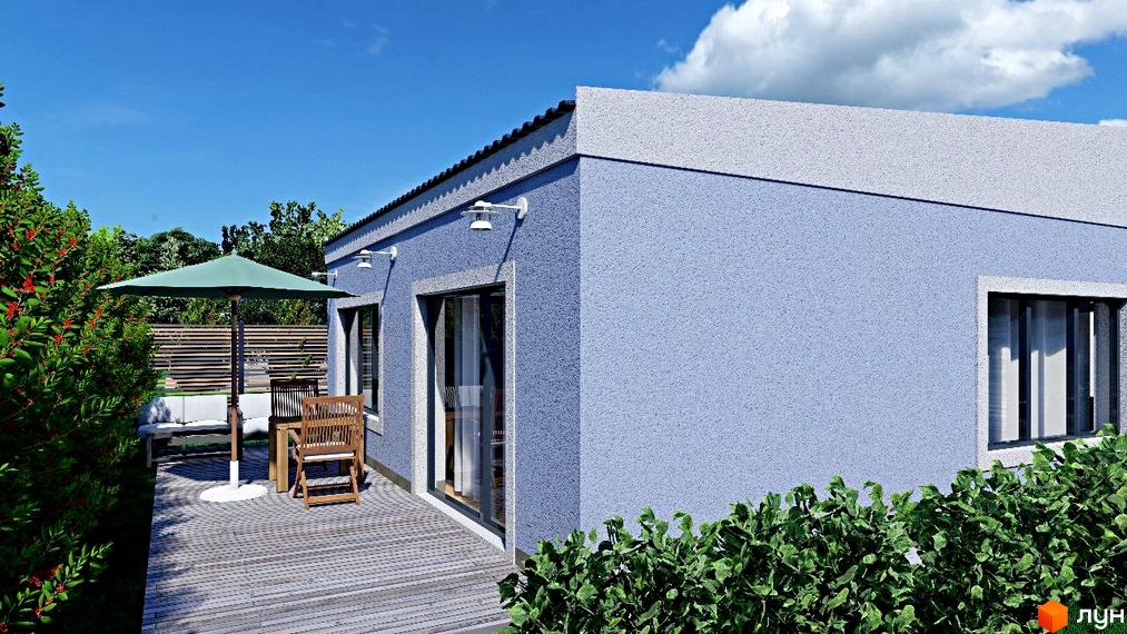 Будинок з блакитними стінами та світлою обробкою. На терасі стоїть парасолька та меблі для відпочинку, навколо зелені насадження.
