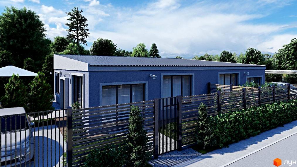 Зображення фасаду будинку в Містечко котеджів Smart Forest з синіми стінами та великими вікнами, огородженого парканом з зеленими насадженнями.