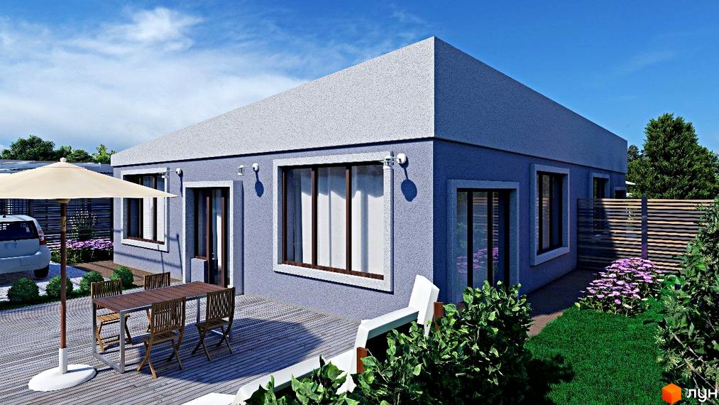 Одноповерховий будинок з великими вікнами та терасою. На подвір'ї є столи, стільці та парасолька, а також зелена галявина з квітами.