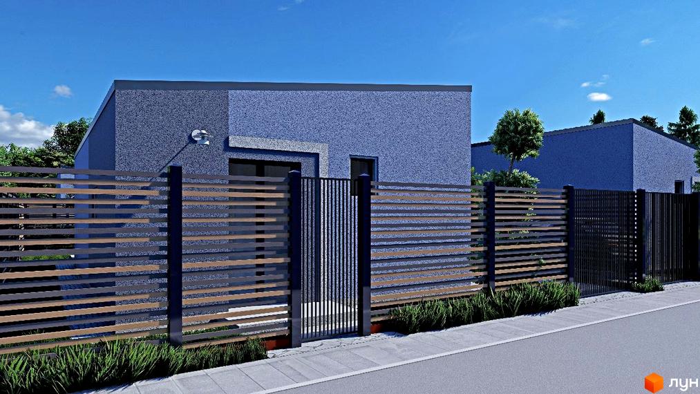 Фасад будинку з синім оздобленням та парканом з дерев'яними ламелями. На території є зелені насадження та тротуар.