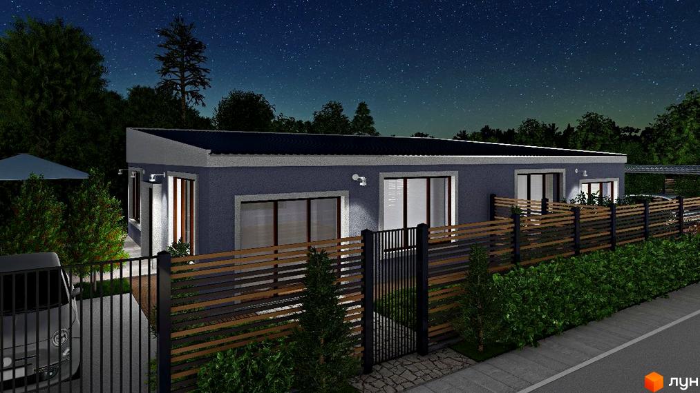 Зображення будинку в Містечку котеджів Smart Forest. Одноповерховий будинок з великими вікнами, огороджений парканом, з доглянутою прибудинковою територією.