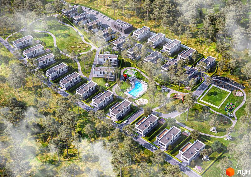 Котеджне містечко Inwood: сучасні будинки з пласкими дахами та великими вікнами, оточені зеленою територією з басейном та спортивними майданчиками.