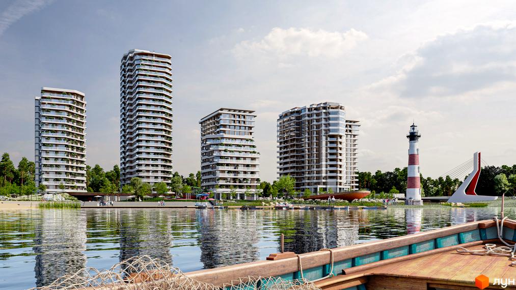 Зображення будинків Житлового комплексу River Port на березі річки. На території є маяк та пішохідний міст.