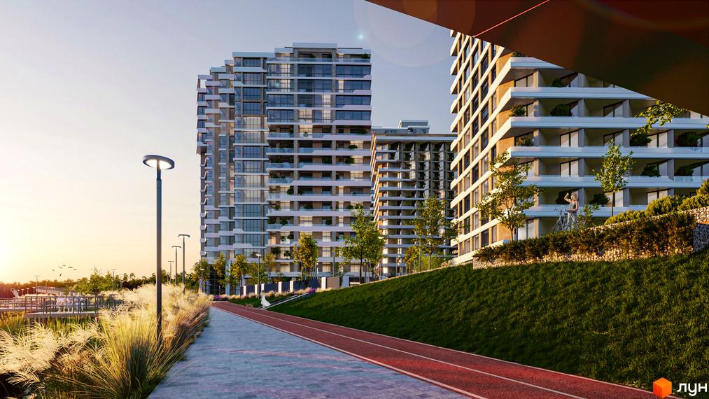 Зображення багатоповерхового будинку в Житловому районі River Port з великими вікнами та балконами. Поруч зелена територія з доріжками.