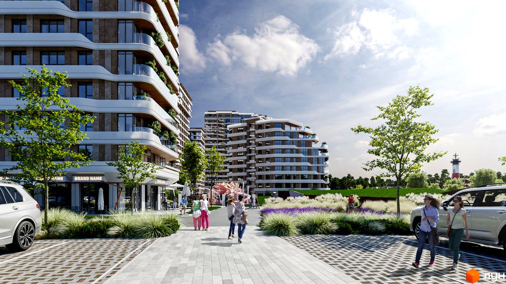 Зображення будівельного проєкту River Port з фасадом будівлі та прибудинковою територією. Вигляд пішохідної зони та озеленення.