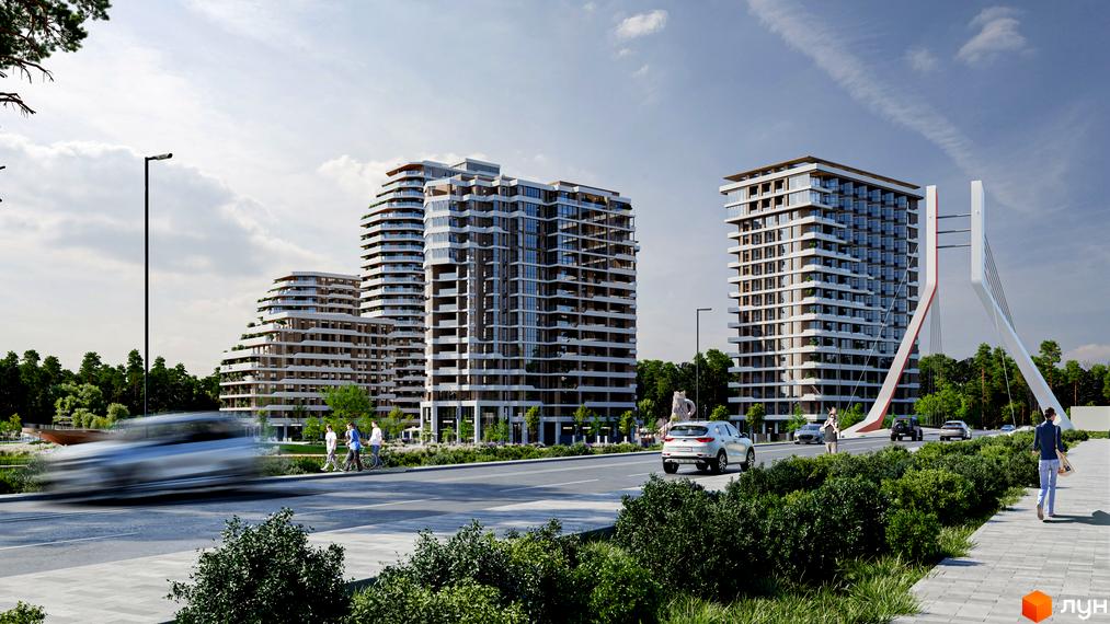 Зображення Житлового комплексу River Port: багатоповерхові будинки з панорамними вікнами, поруч дорога та зелені насадження.