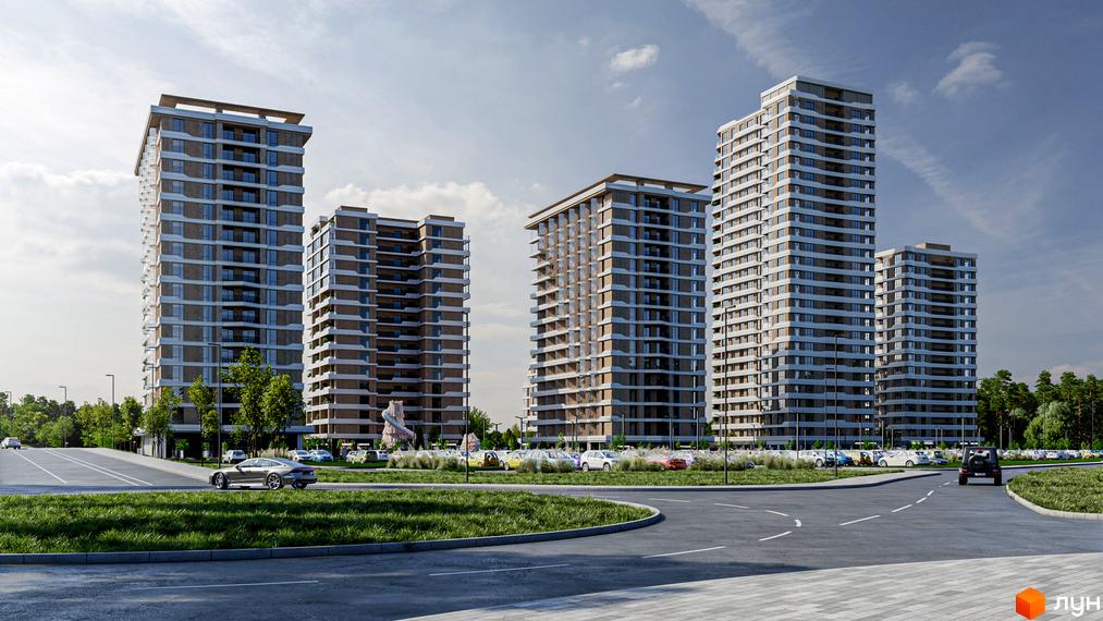 Високі будинки ЖК River Port з панорамними вікнами, поруч парковка та зелена зона. Вид на дорогу та блакитне небо.