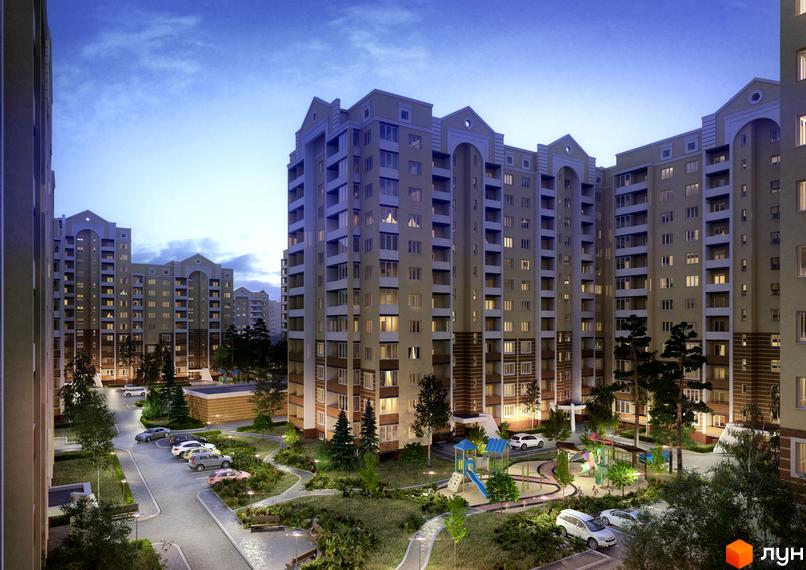 Житловий комплекс Софія Київська. Високі будинки з великою кількістю вікон, світлого кольору. На прибудинковій території є зелені насадження, дитячий майданчик та місця для паркування.