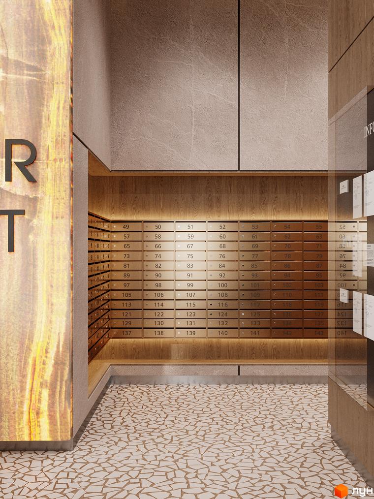 Поштові скриньки в Житловому комплексі River Port з номерами квартир та інформаційна дошка.