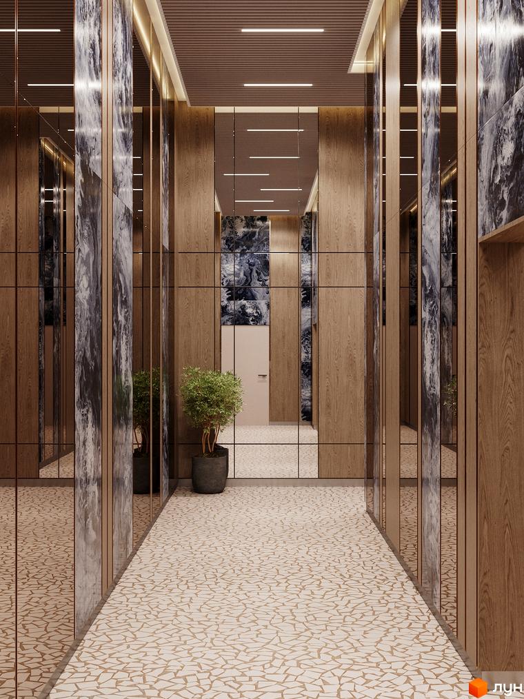 Інтер'єр коридору в ЖК River Port з дерев'яними панелями, дзеркалами та декоративними рослинами. Світлий дизайн з мозаїчною підлогою створює відчуття простору.