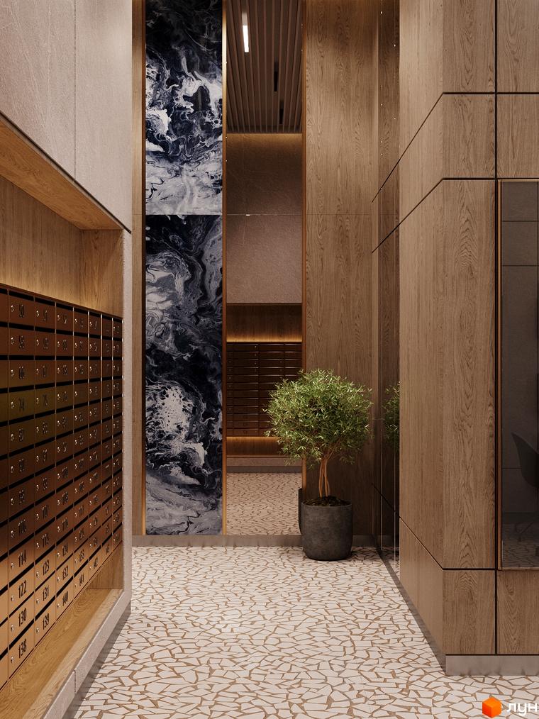 Інтер'єр холу в ЖК River Port з мармуровими панелями, дерев'яними стінами, поштовими скриньками та рослиною в горщику. Підлога викладена мозаїкою.