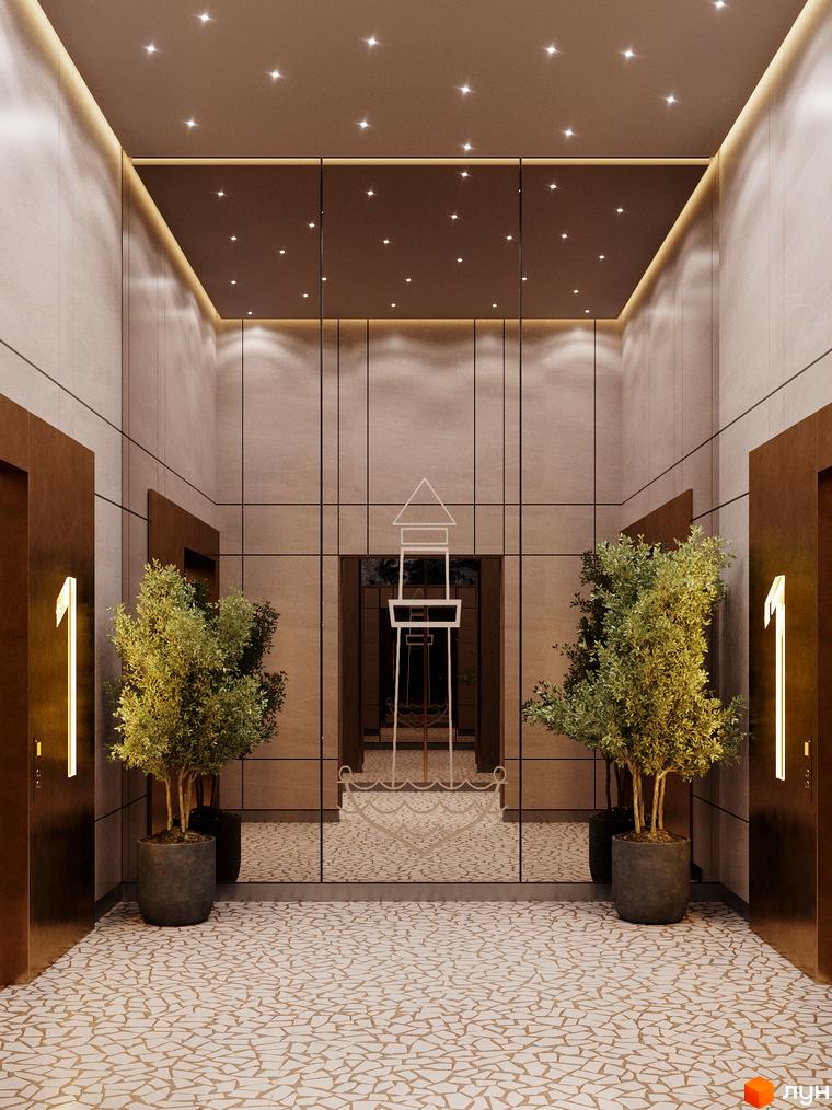 Інтер'єр холу Житлового комплексу River Port з ліфтами та декоративними рослинами. Підлога викладена мозаїчною плиткою.