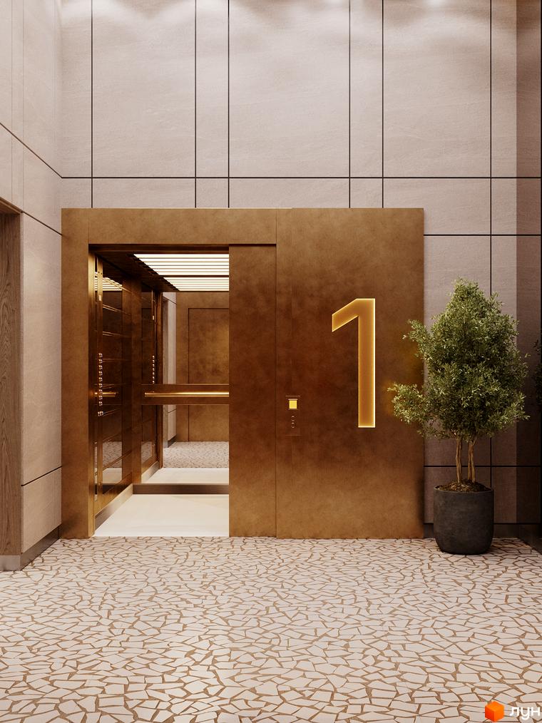 Інтер'єр ліфтового холу в Житловому комплексі River Port з оздобленням під дерево та великою цифрою 1 на дверях ліфта.