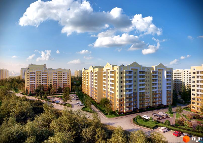 Житловий комплекс Софія Київська з жовтими багатоповерховими будинками. На території є парковка та зелені насадження.