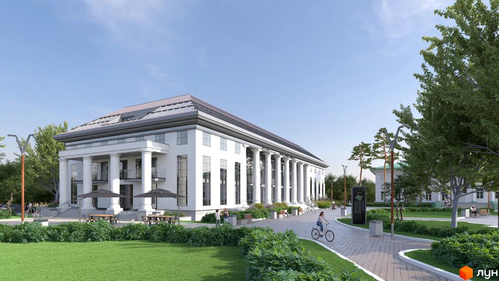Фасад житлового комплексу Park Residence з колонами та прибудинковою територією з деревами та доріжками.