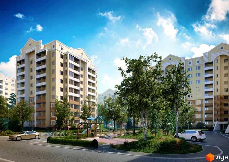 Житловий комплекс Софія Київська з багатоповерховими будинками у сонячний день. На території комплексу є дитячий майданчик, зелені насадження та місця для паркування.