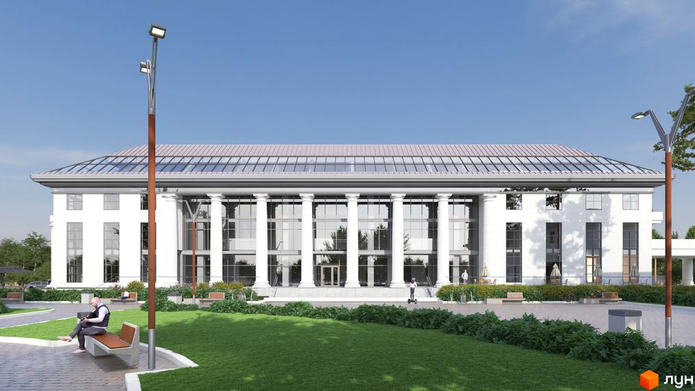 Фасад житлового комплексу Park Residence з колонами та скляним дахом. Прибудинкова територія з зеленим газоном та лавками.